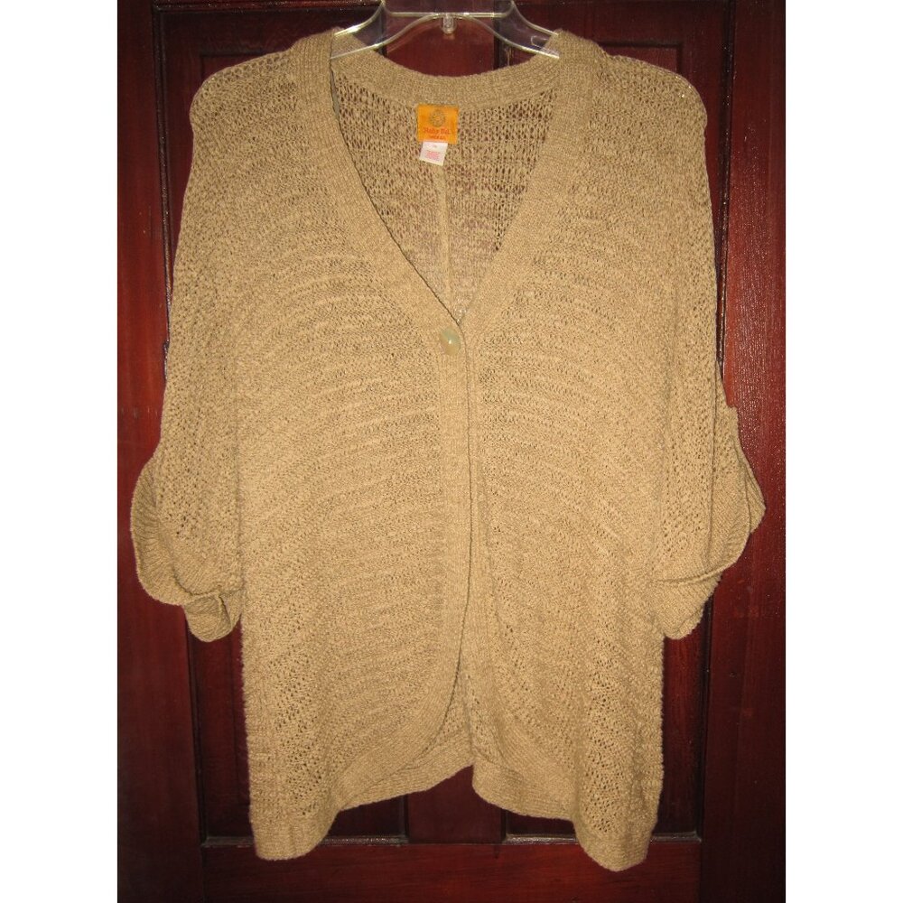 Ruby Rd. Woman Plus Sz 2X Knit Cardigan Sweater Topper Beige 3/4 Sleeve Roll Tab